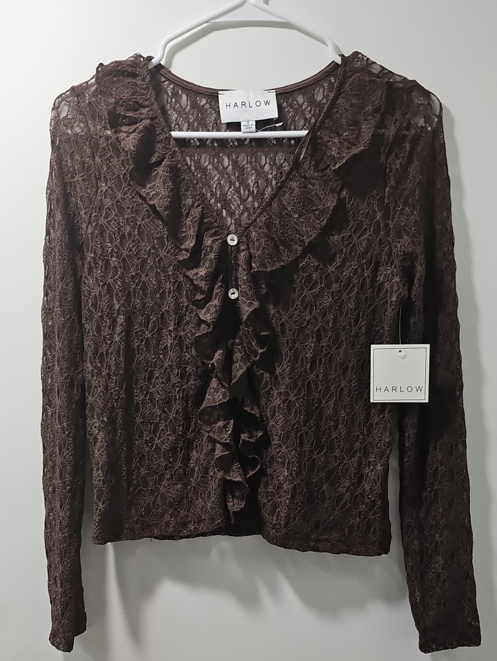 Harlow Brown Lace Ruffle Button-Front Long-Sleeve Blouse Size Small NWT